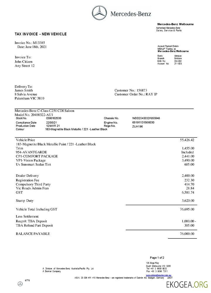 USA Mercedes, modèle de facture Benz